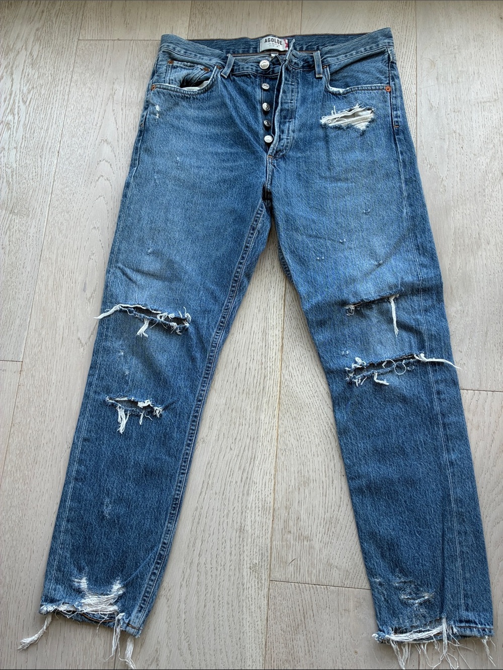 AGOLDE SLIM LEG Distressed Blue Denim Jeans - Button Fly